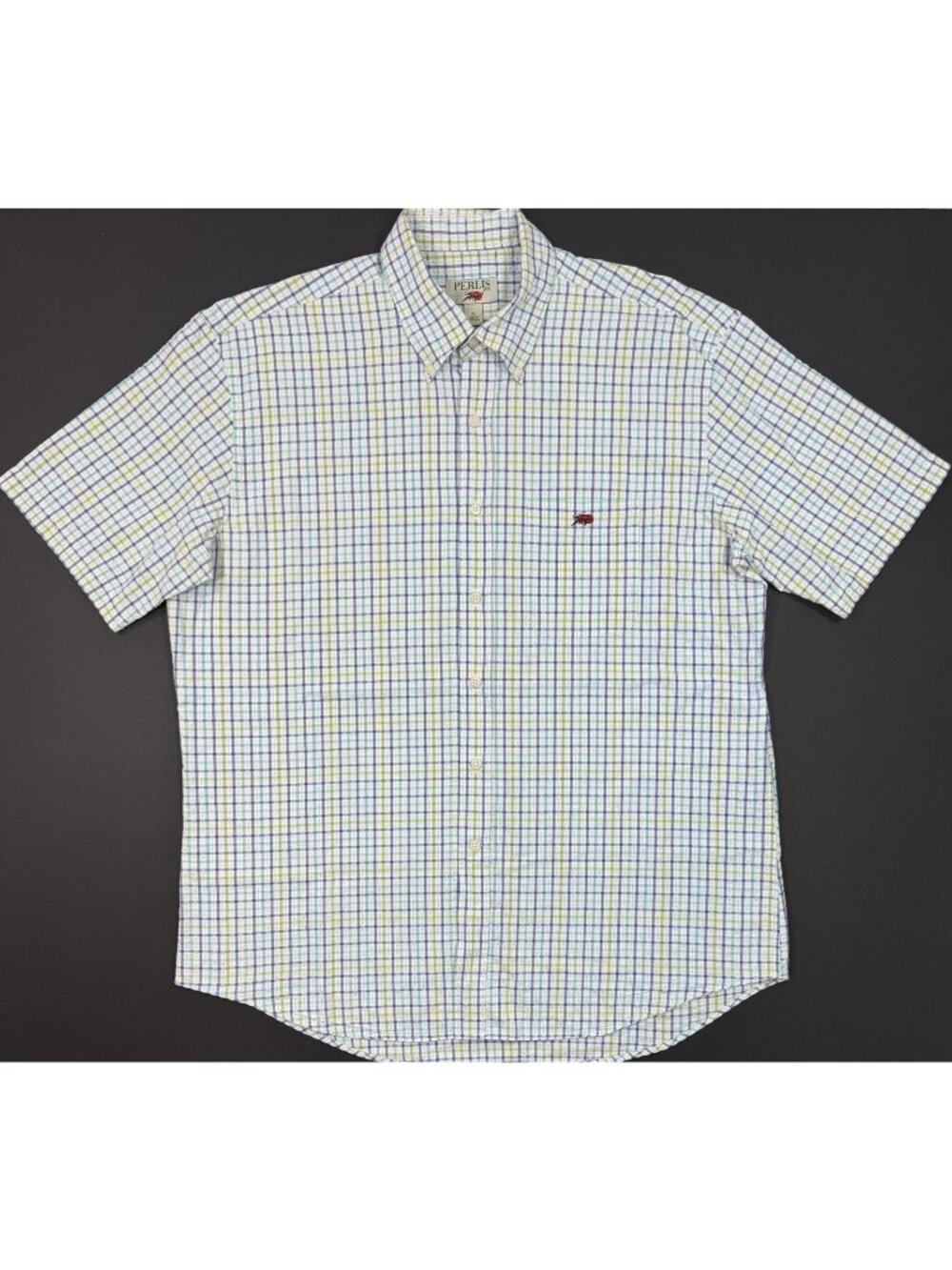 Perlis Mens Shirt Seersucker Plaid Button Down Sz XL Crawfish New Orleans USA